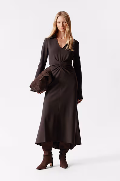 VESTIDO CAMISEIRO MIDI DE CINTURA FRANZIDA