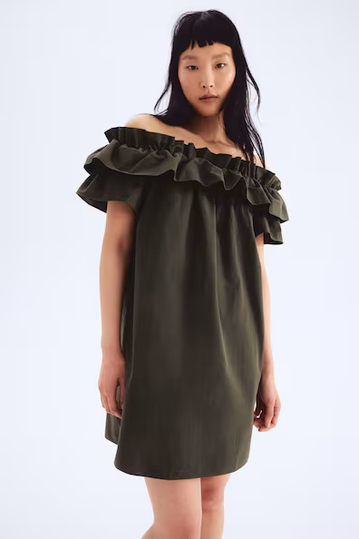 VESTIDO DE OMBROS DESCOBERTOS EM POPELINA
