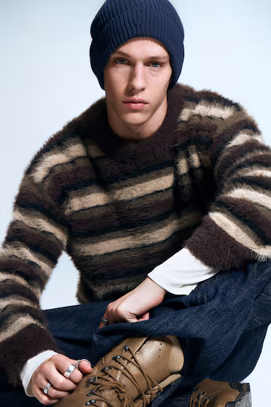 Рубашка из комфортной вязаной ткани с полосками- Заказать в России