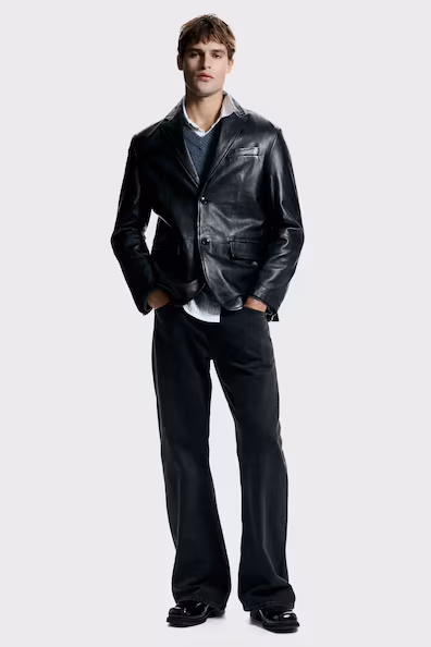 Кожаный пиджак стандартного кроя- Заказать в России