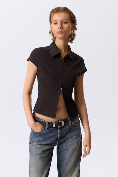 Топ с узкими короткими рукавами на молнии- Заказать в России