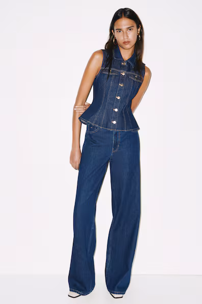 Широкие джинсы высокой посадки в темно-синем дениме