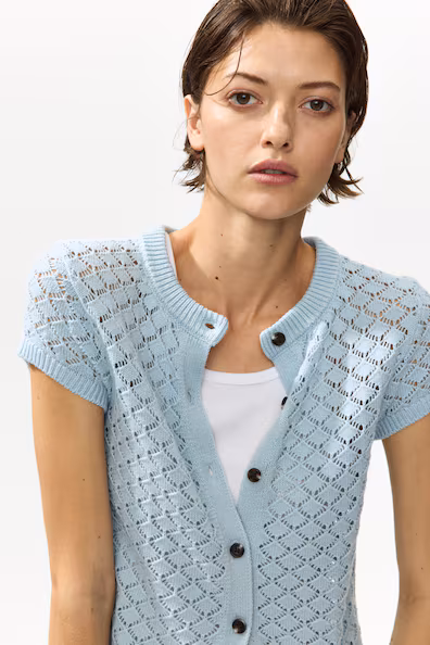 Кардиган из вязаного проймочного полотна с короткими рукавами- Заказать в России