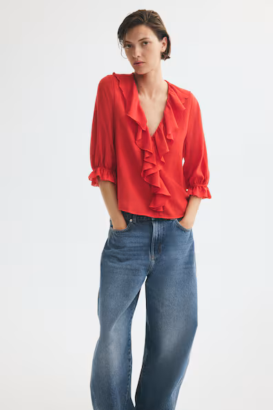 Блуза с оборками из хлопковой смеси- Заказать в России