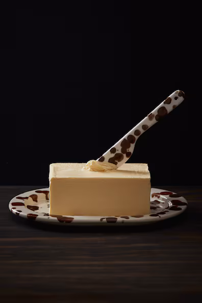 Масляница из гресовой керамики с узором капель. высота: 8,4 см. ширина: 14,1 см. длина: 21 см.