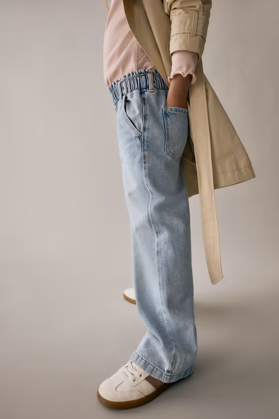 Джинсы с широкими штанинами и поясом paper bag