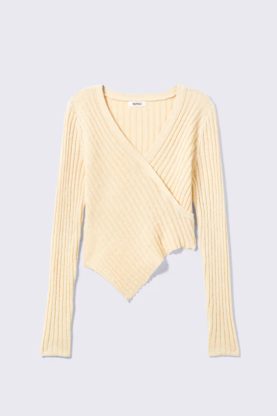 Пуловер из рубчатого трикотажа с асимметричным перекрещивающимся вырезом