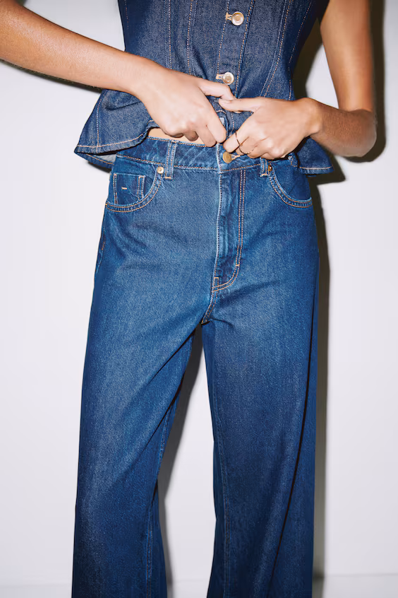 Широкие джинсы высокой посадки в темно-синем дениме