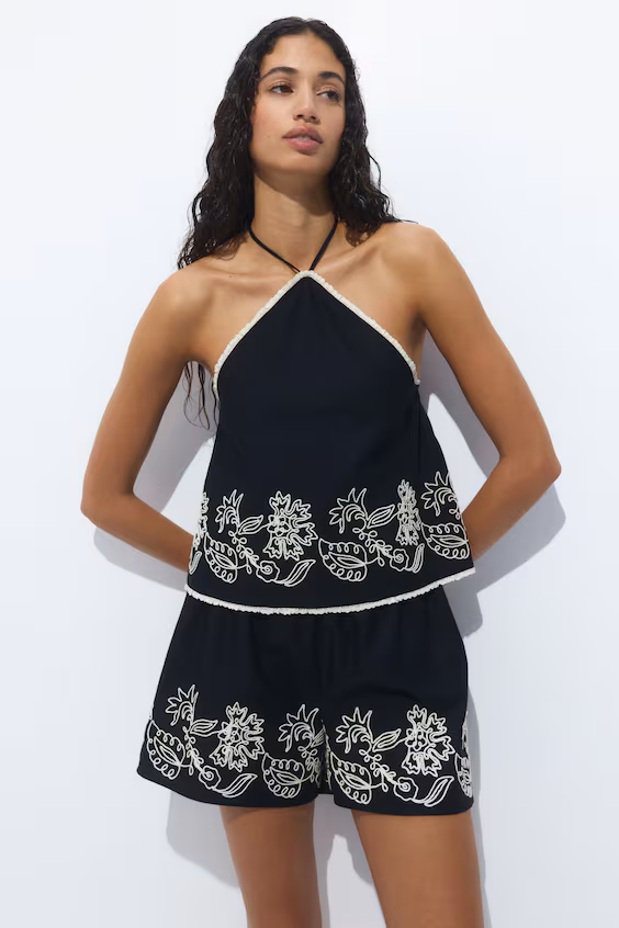 Топ с запахом на шее из хлопка с вышивкой