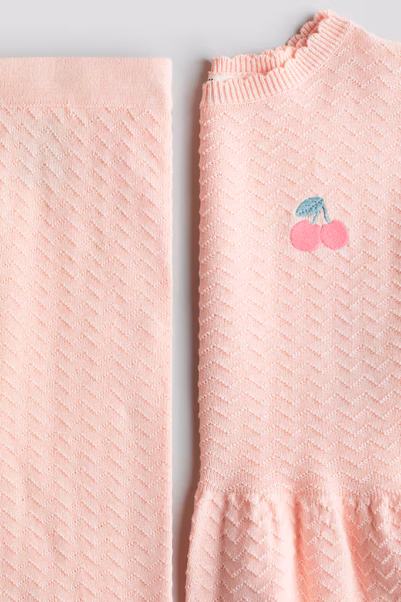 Комплект из 2-х предметов из прозрачной вязаной ткани с узором, светло-розовый с вишней