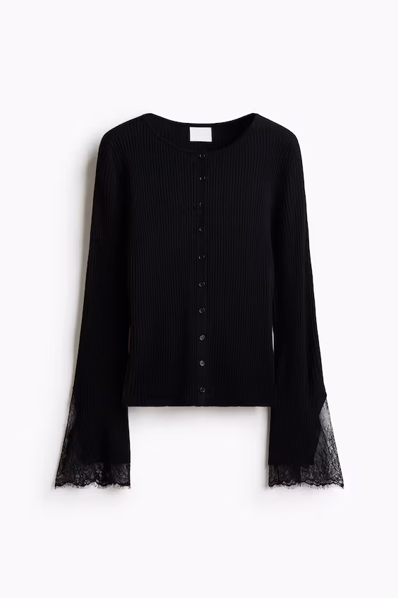 Кардиган из вязаного трикотажа в рубчик с кружевом h&m