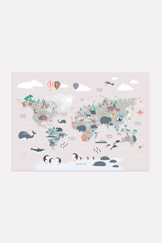 Постер animal world map beige