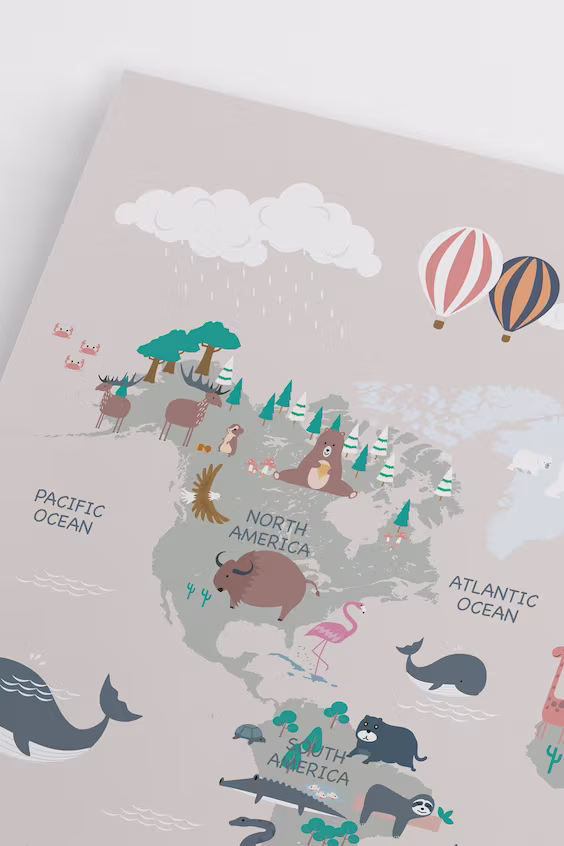 Постер animal world map beige